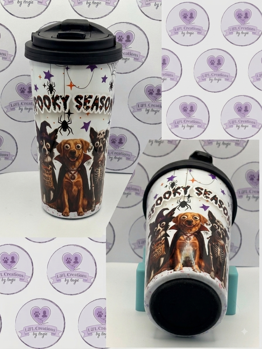PRE-ORDER: Spooky Season Halloween Dog Travel Tumbler – 16oz Stainless Steel Mug with Handled Lid