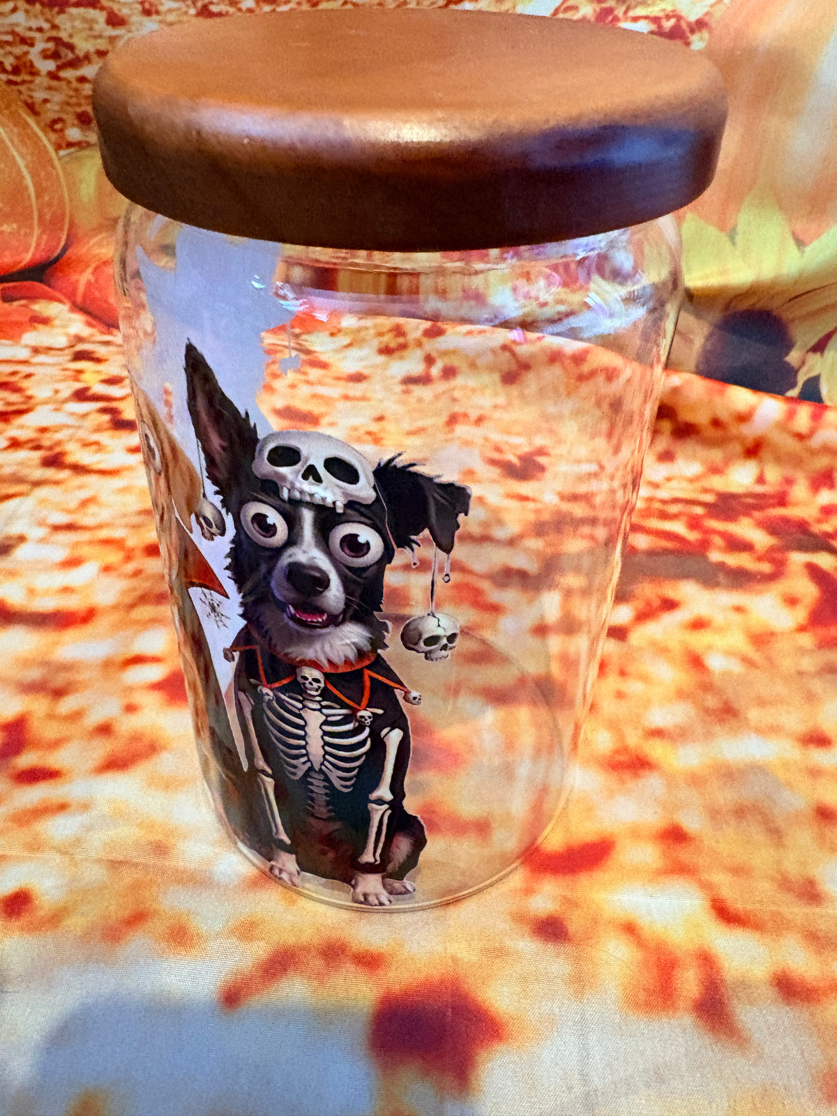 Custom Halloween Pet Treat Jar – Personalised Glass Storage Canister with Wooden Lid