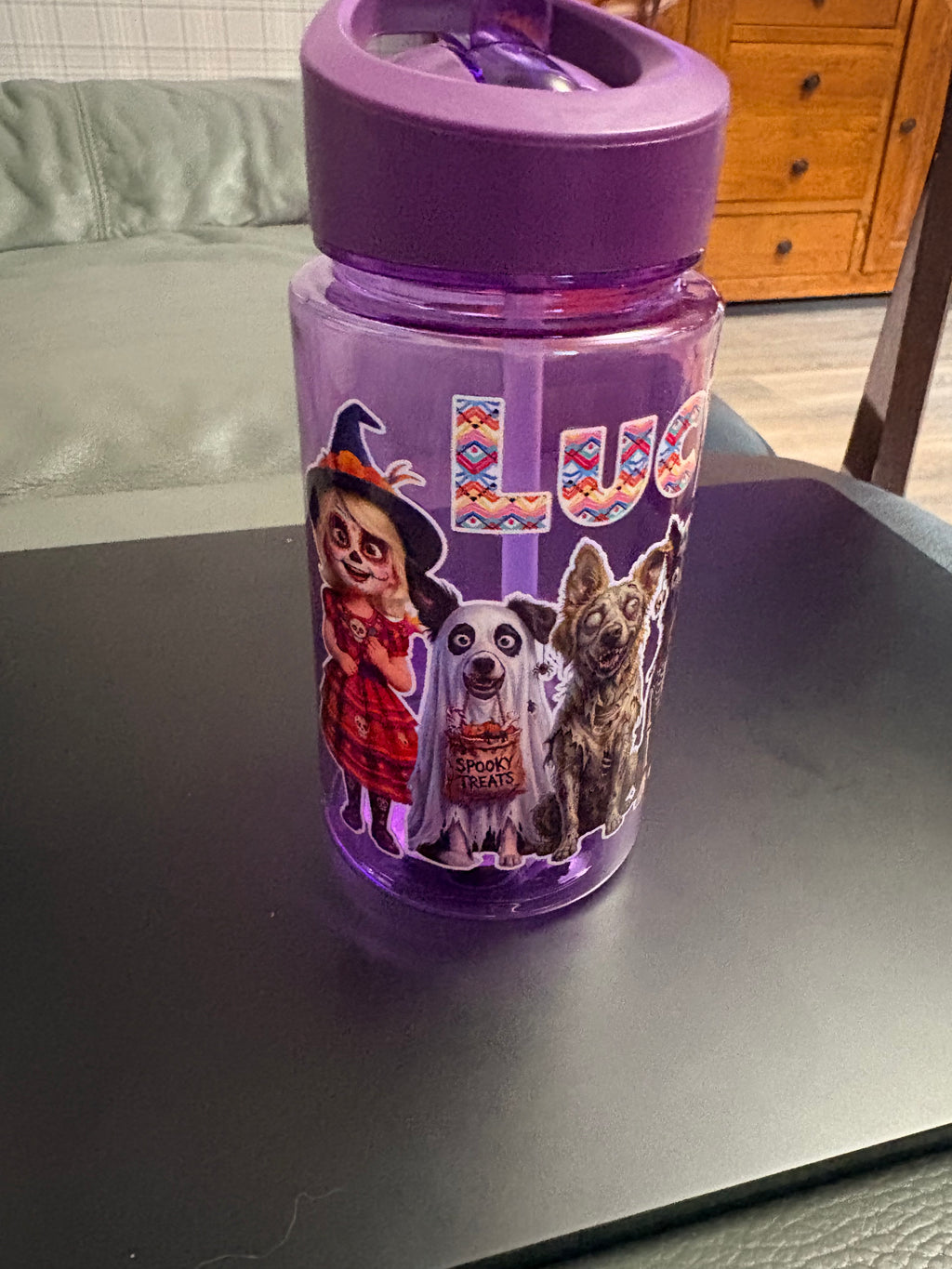 Personalised Halloween Kids Water Bottle with Straw | Custom Name Halloween Drink Bottle | Witch & Skeleton Dog Spooky Treats Cup