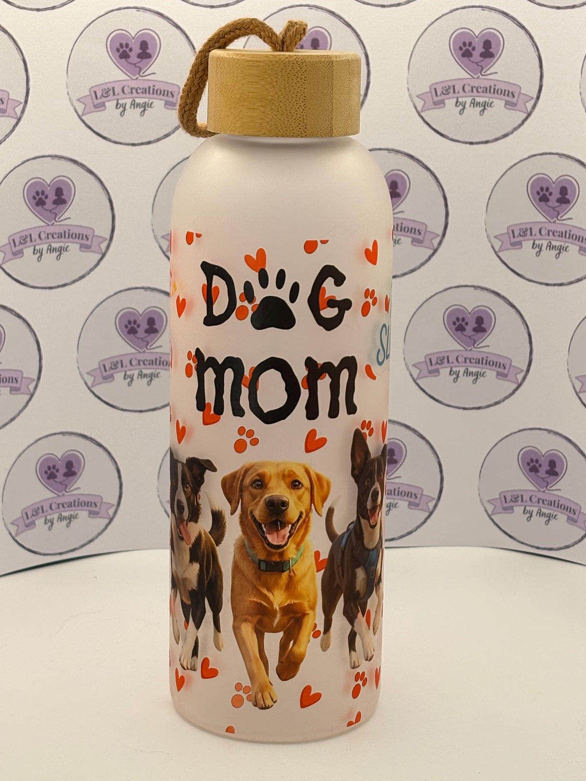 Custom Personalised "Dog Mom" 750ml Frosted Glass Water Bottle featuring Customer's Pets