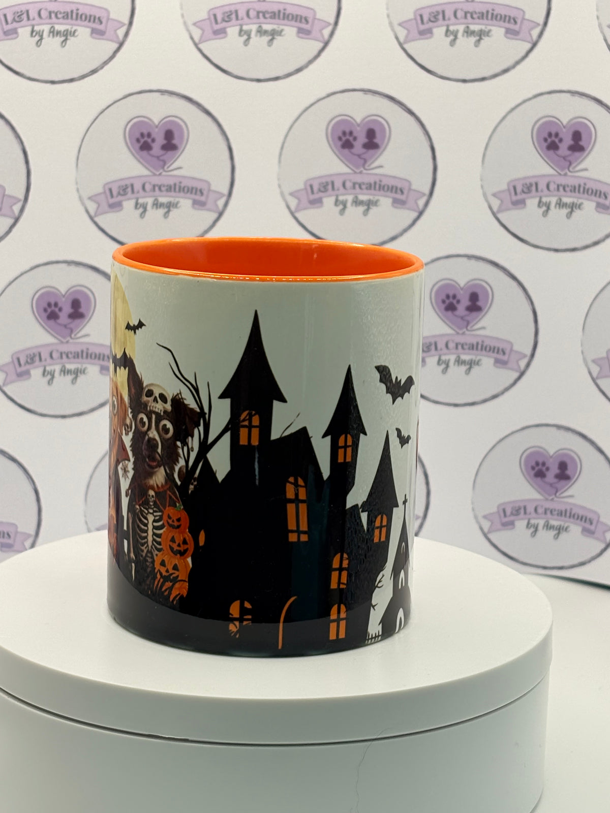 PRE- ORDER: Personalised Halloween Pet & Child Mug – Spooky Haunted House Orange Ceramic Mug - Made in Scotland