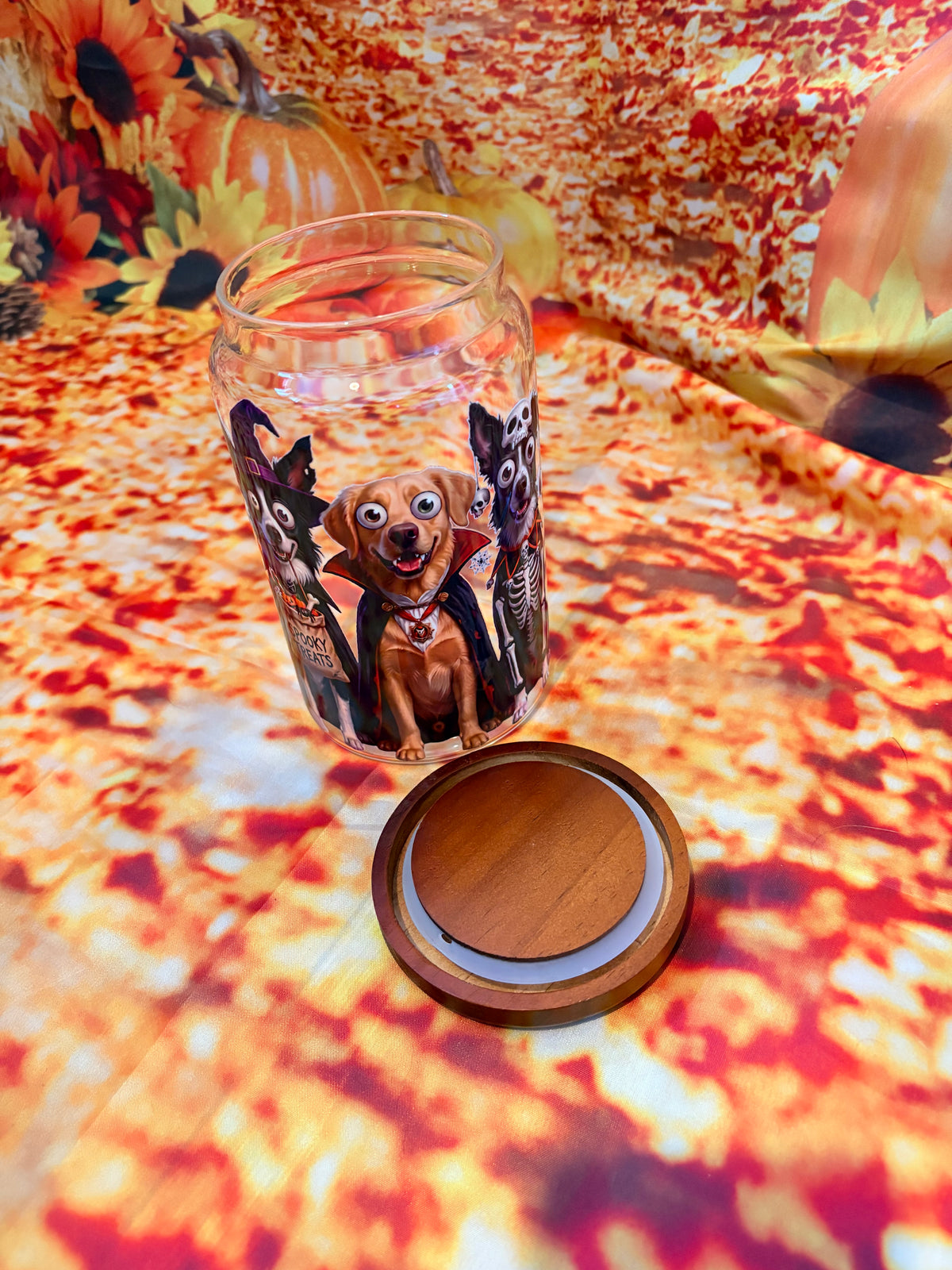Custom Halloween Pet Treat Jar – Personalised Glass Storage Canister with Wooden Lid