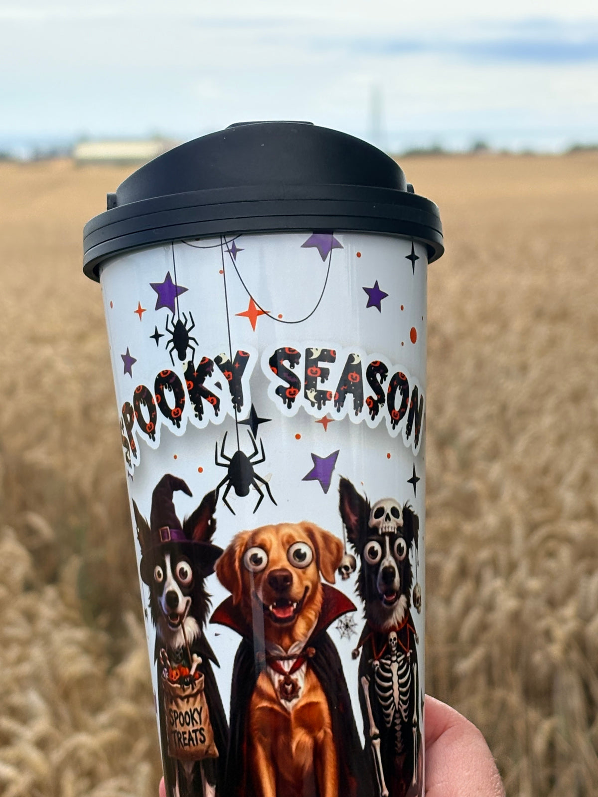 PRE-ORDER: Spooky Season Halloween Dog Travel Tumbler – 16oz Stainless Steel Mug with Handled Lid