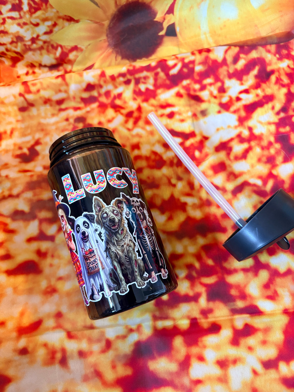 Personalised Halloween Kids Water Bottle with Straw | Custom Name Halloween Drink Bottle | Witch & Skeleton Dog Spooky Treats Cup