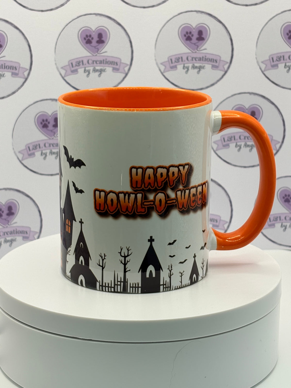 PRE- ORDER: Personalised Halloween Pet & Child Mug – Spooky Haunted House Orange Ceramic Mug - Made in Scotland