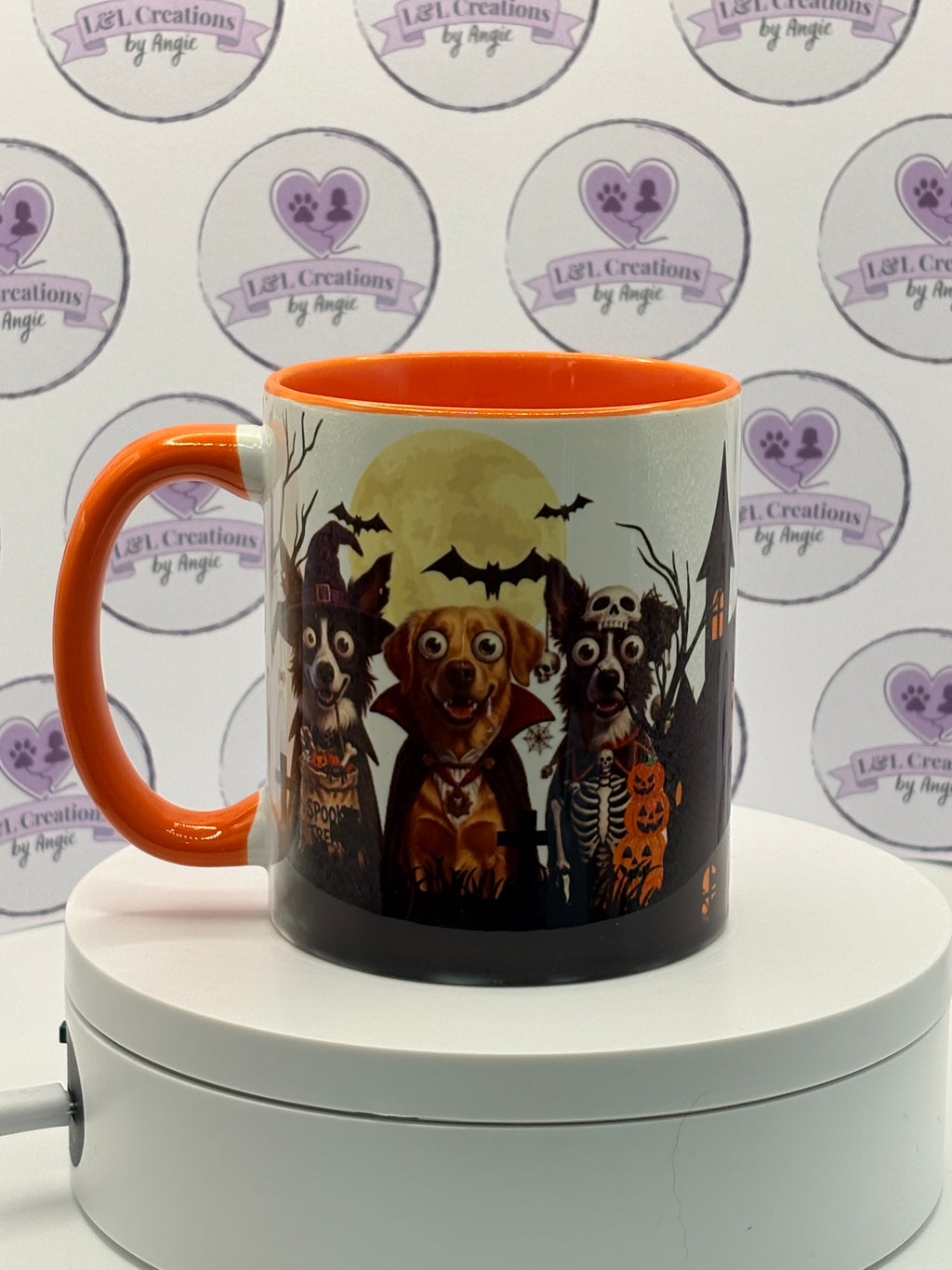 PRE- ORDER: Personalised Halloween Pet & Child Mug – Spooky Haunted House Orange Ceramic Mug - Made in Scotland