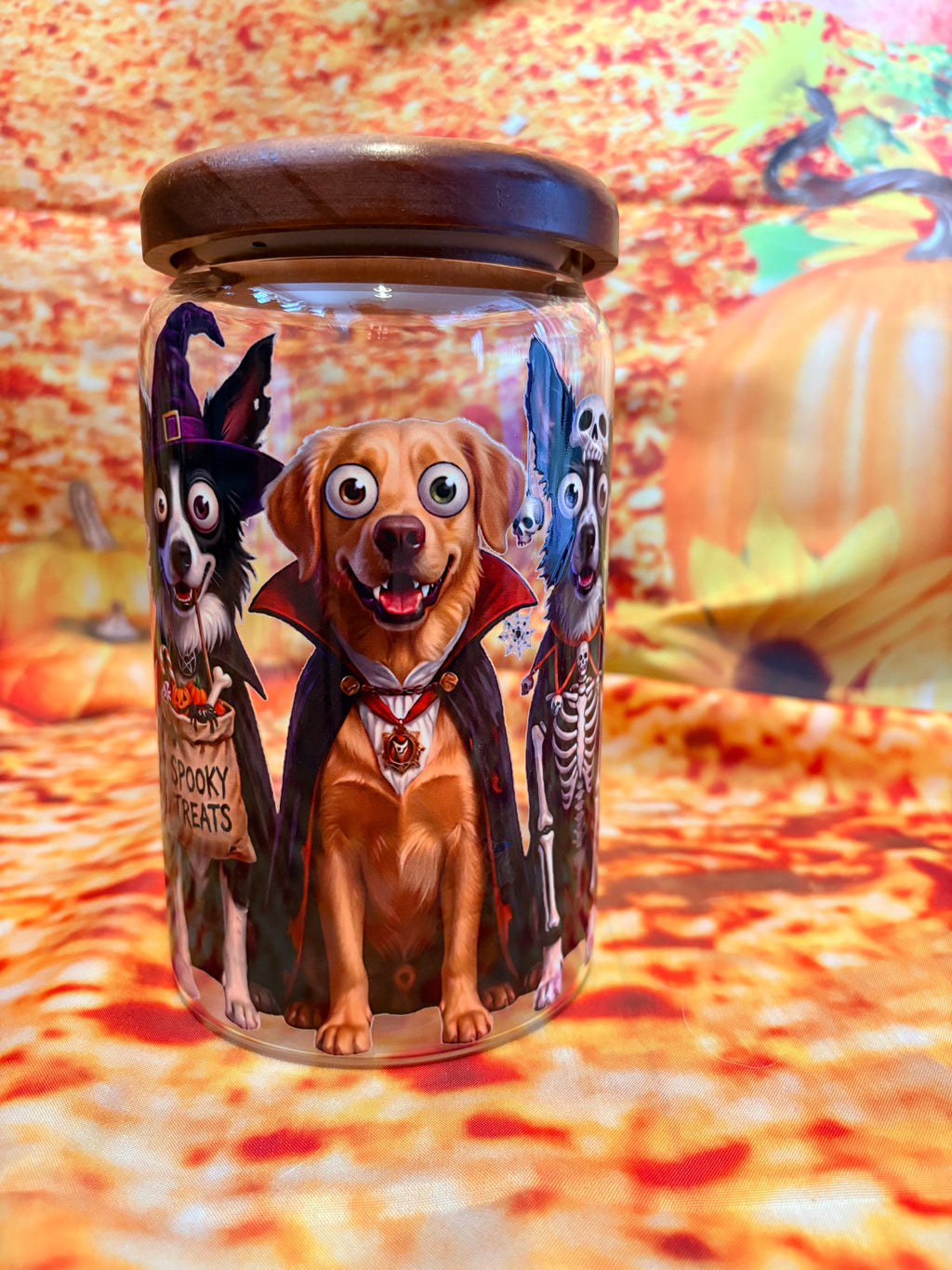Custom Halloween Pet Treat Jar – Personalised Glass Storage Canister with Wooden Lid