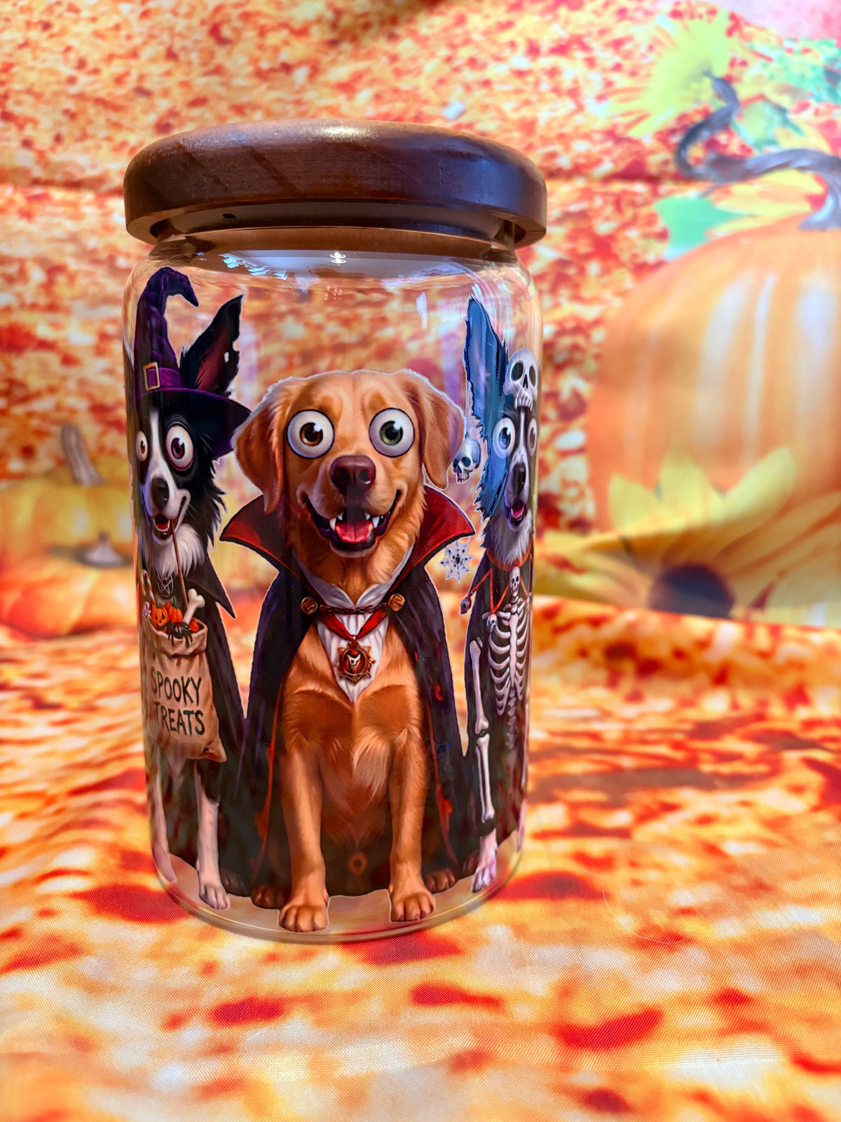 Custom Halloween Pet Treat Jar – Personalised Glass Storage Canister with Wooden Lid