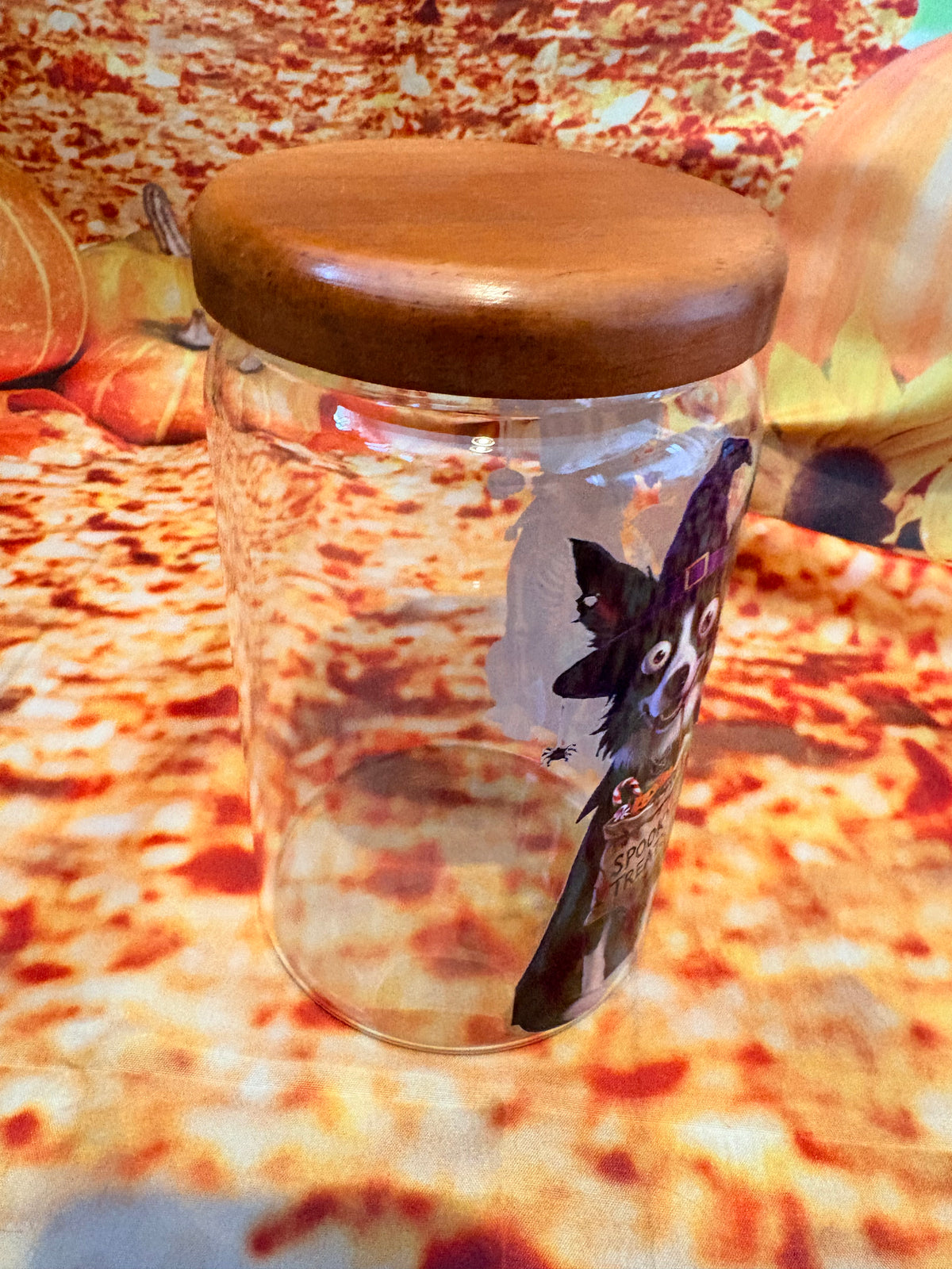 Custom Halloween Pet Treat Jar – Personalised Glass Storage Canister with Wooden Lid