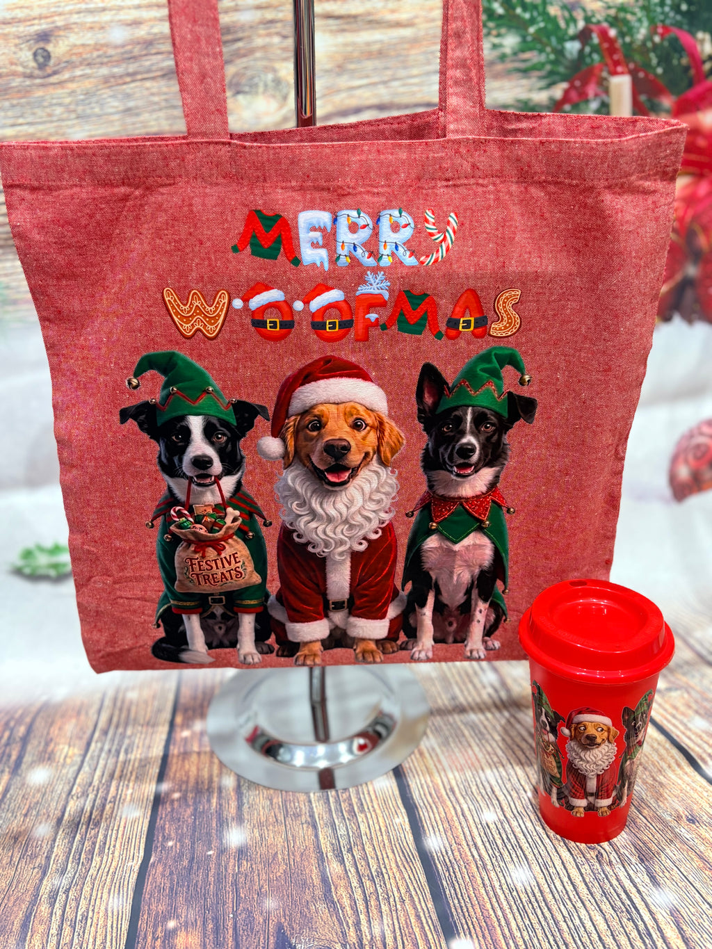 Christmas tote bag featuring personalised dog artwork