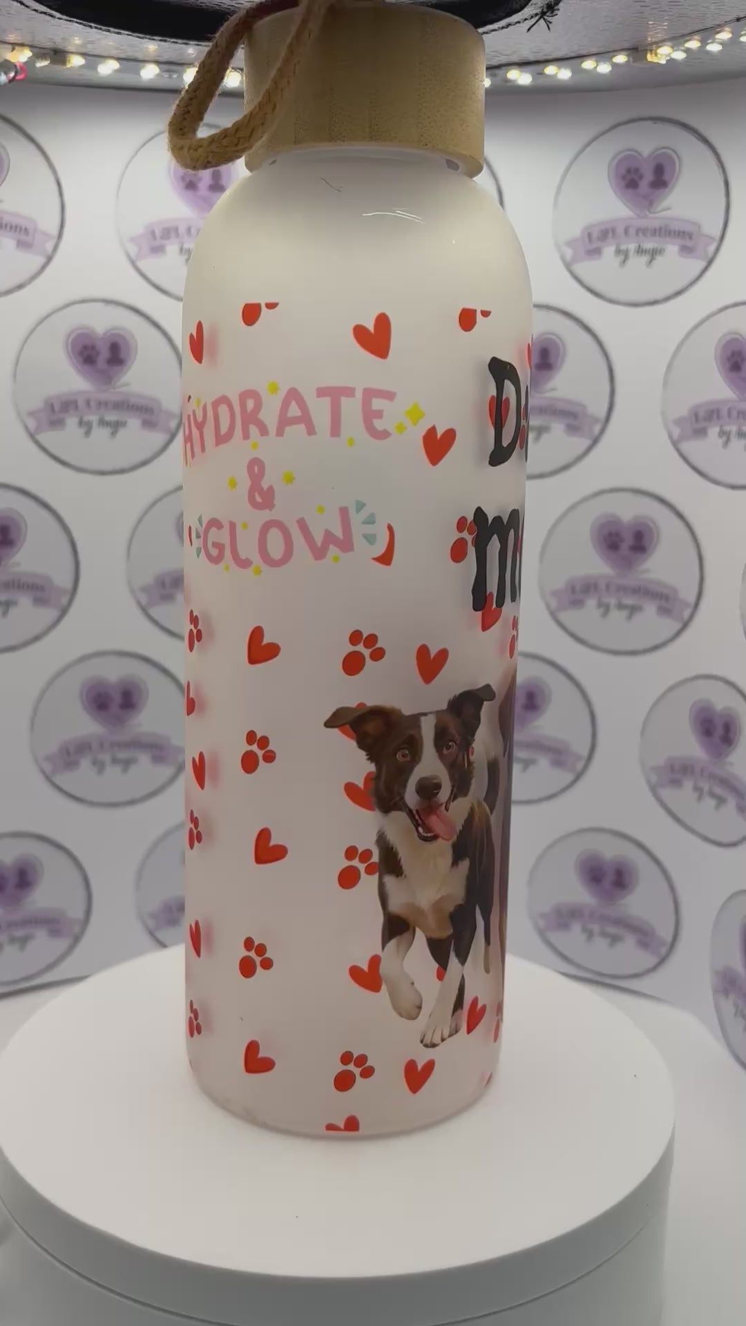 Custom Personalised "Dog Mom" 750ml Frosted Glass Water Bottle featuring Customer's Pets