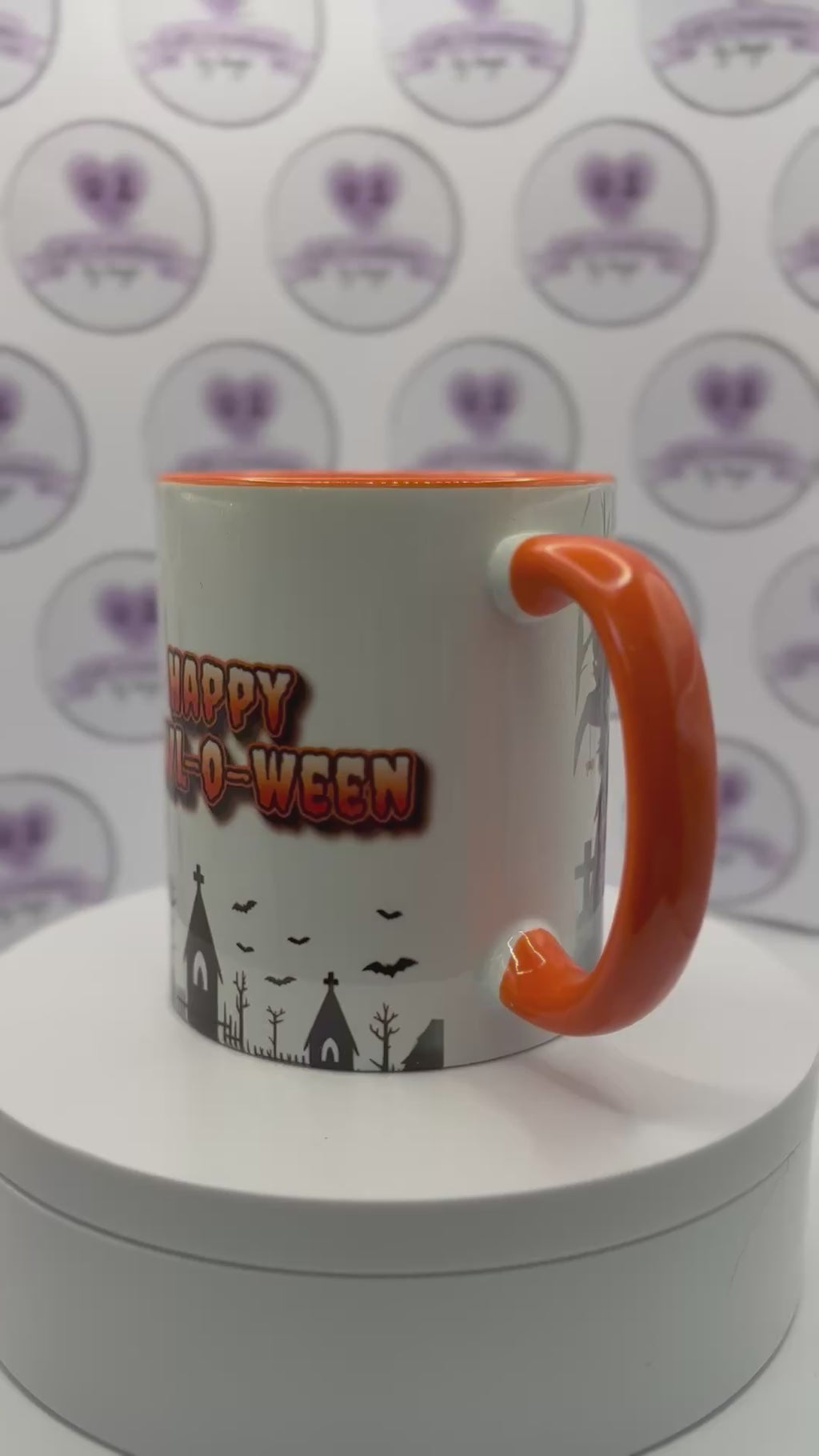 PRE- ORDER: Personalised Halloween Pet & Child Mug – Spooky Haunted House Orange Ceramic Mug - Made in Scotland